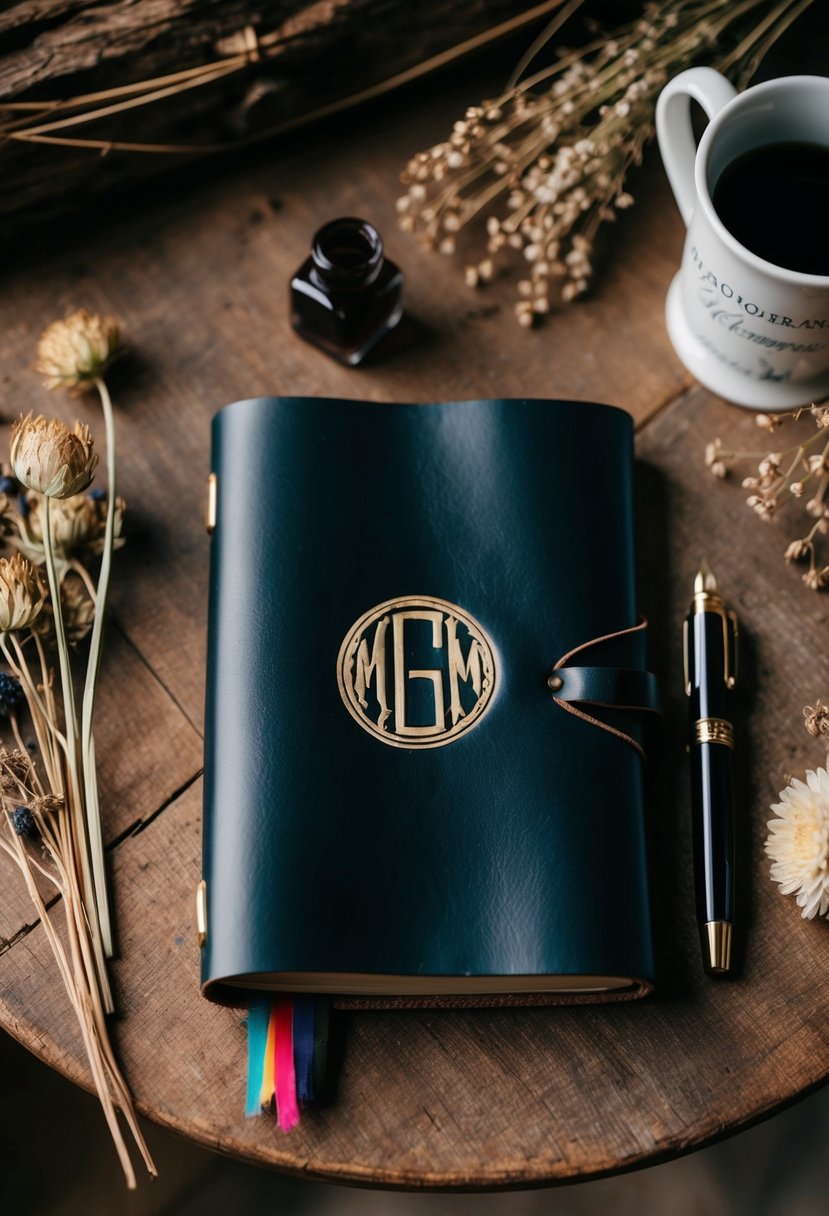 A leather journal with a custom monogram sits on a rustic wooden table, surrounded by dried flowers and a vintage ink pen