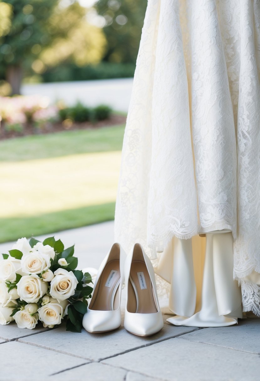 A white lace wedding dress draped over a hanger, with a bouquet of white roses and a pair of white heels nearby