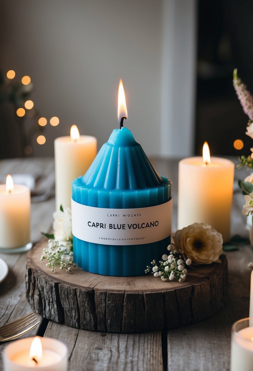 A beautifully wrapped Capri Blue Volcano Candle sits atop a rustic wooden table, surrounded by delicate floral arrangements and soft candlelight