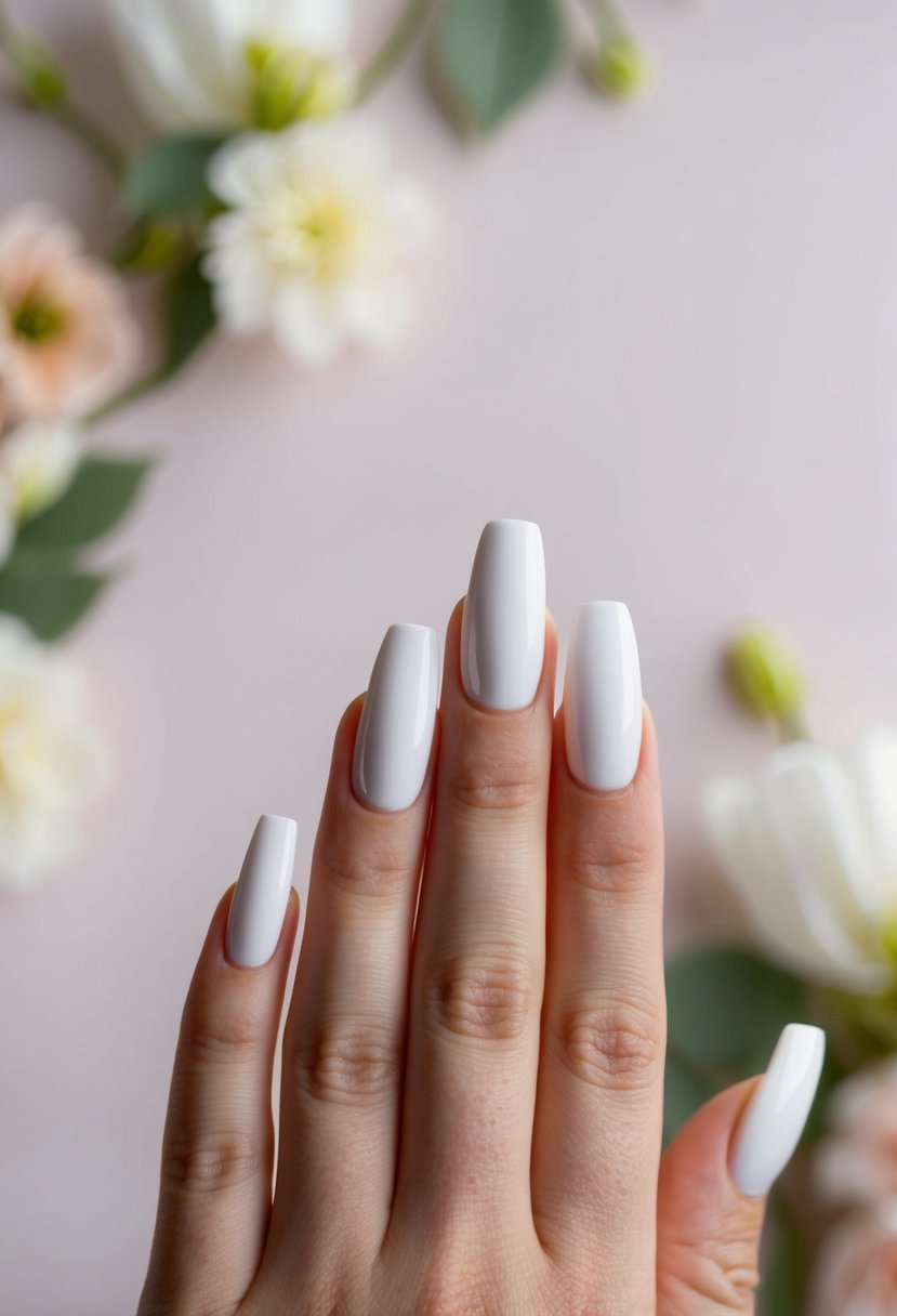 A pair of elegant white French manicured nails, set against a soft background, with delicate floral accents