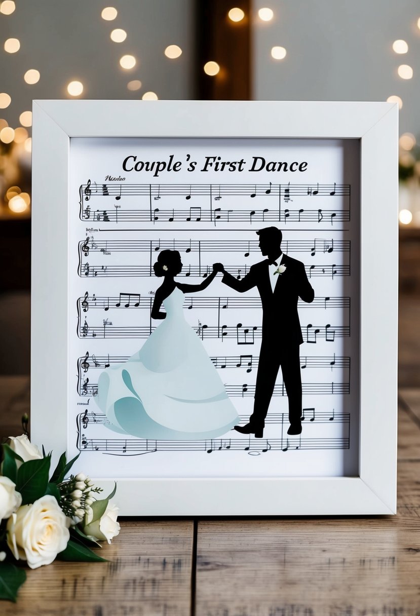 A couple's first dance, depicted through sheet music and musical notes, framed as a unique wedding anniversary gift idea