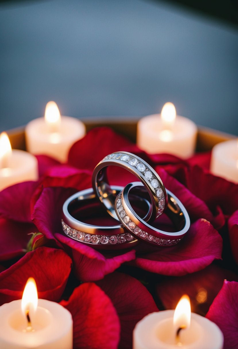 A couple's intertwined wedding rings resting on a bed of rose petals, surrounded by flickering tea light candles