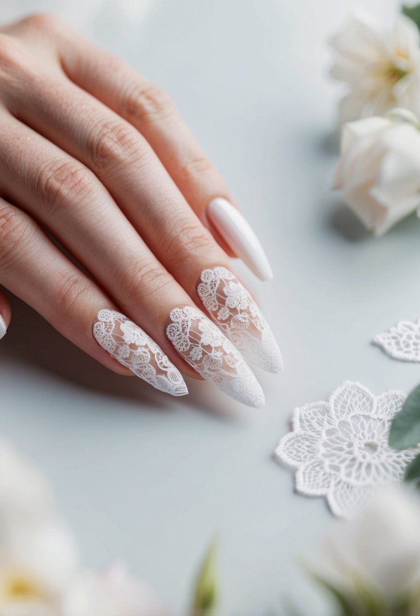 Delicate white lace nail art on a pristine surface, with intricate floral patterns and elegant detailing