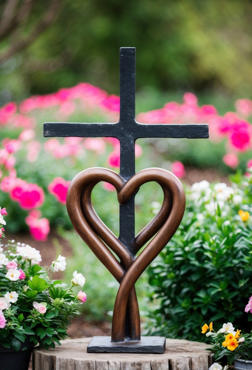 A rustic outdoor setting with a sculpture of two intertwined hearts and a cross made of iron, surrounded by blooming flowers and greenery