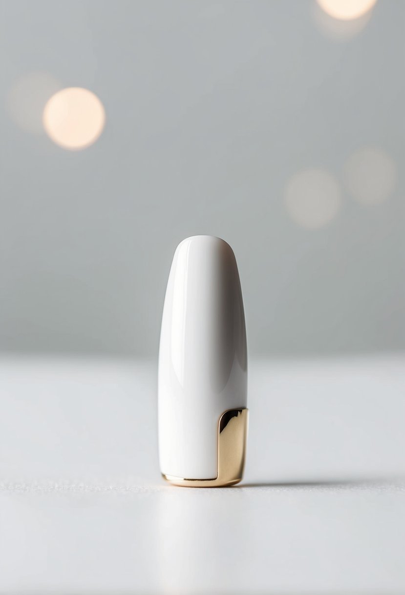 A single white and gold-accented nail against a clean, minimalist backdrop