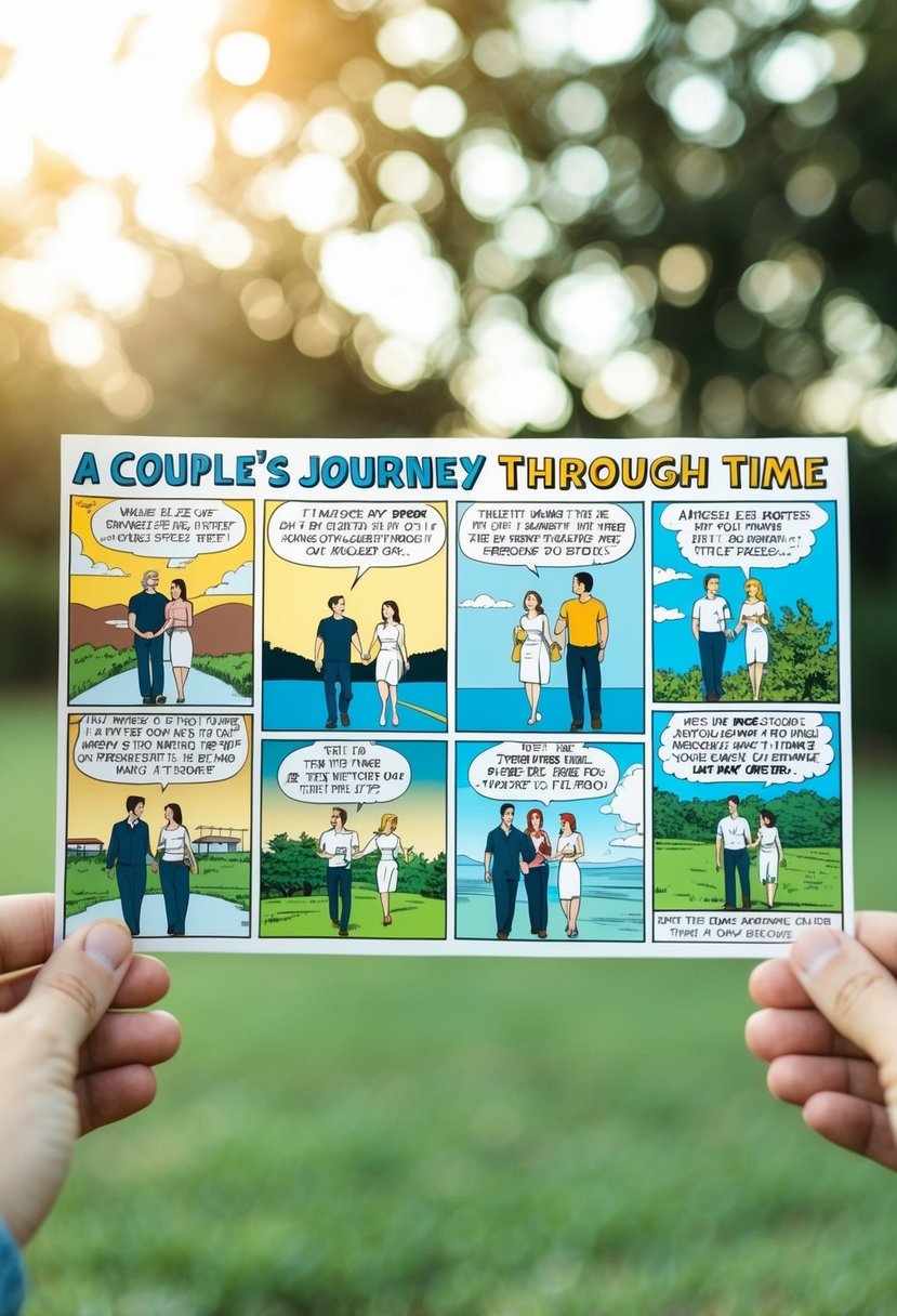 A couple's journey through time, with milestones and memories depicted in a personalized comic strip