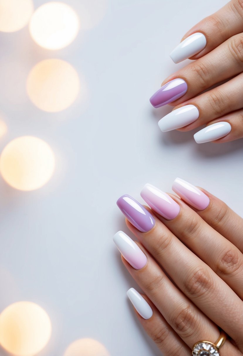 A close-up of white ombré gradient nails against a soft white background