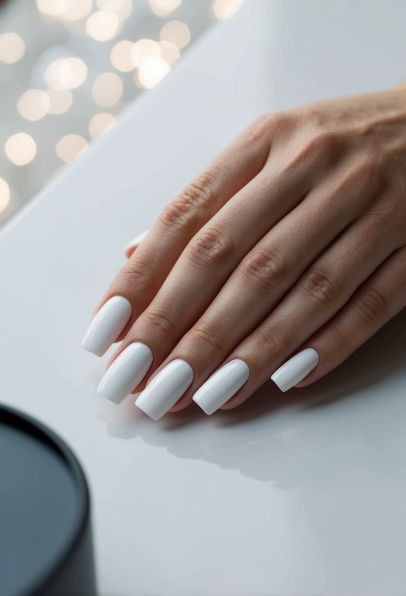 A set of matte white nails with glossy tips arranged on a clean, minimalist surface