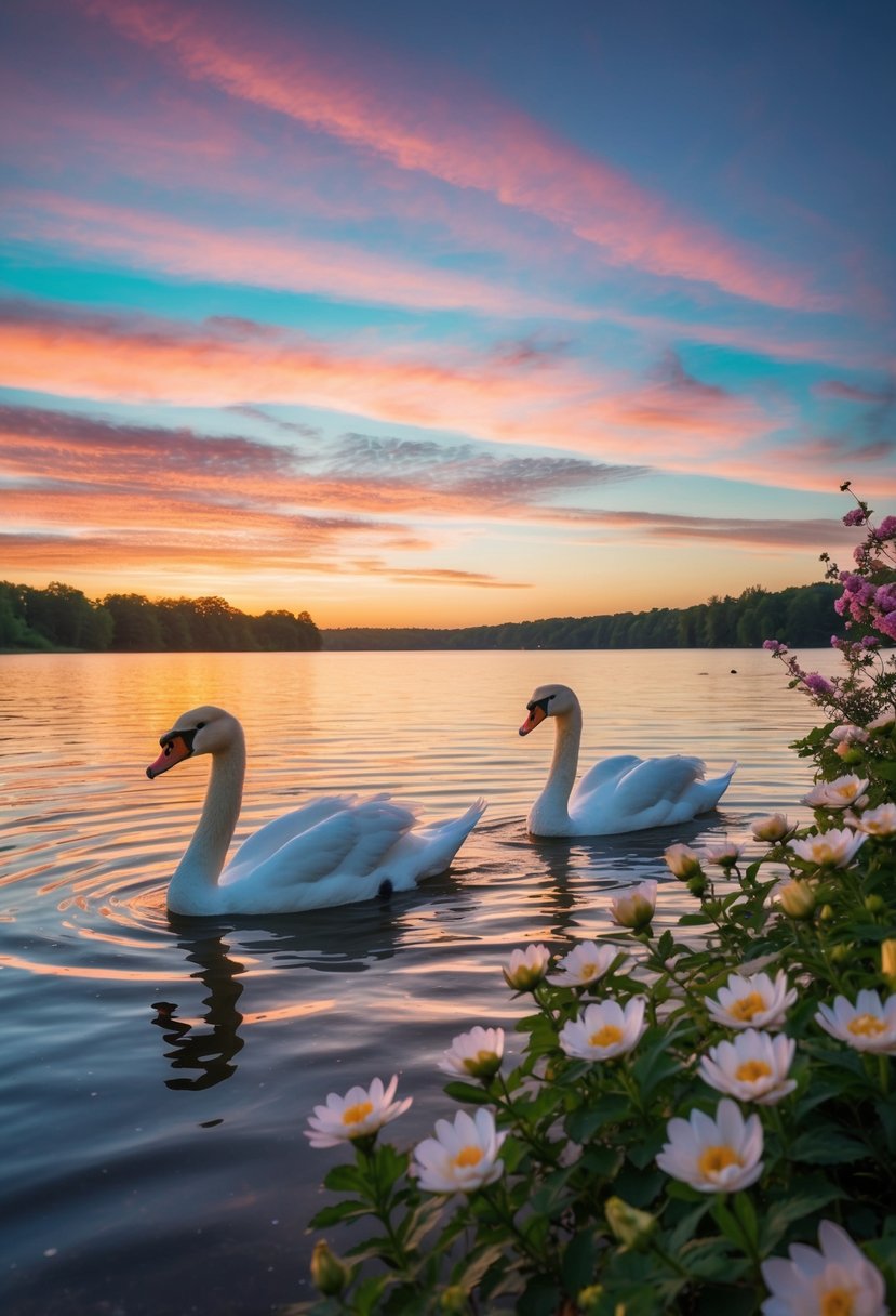 A serene lakeside with two swans gliding on the water, surrounded by blooming flowers and a colorful sunset sky