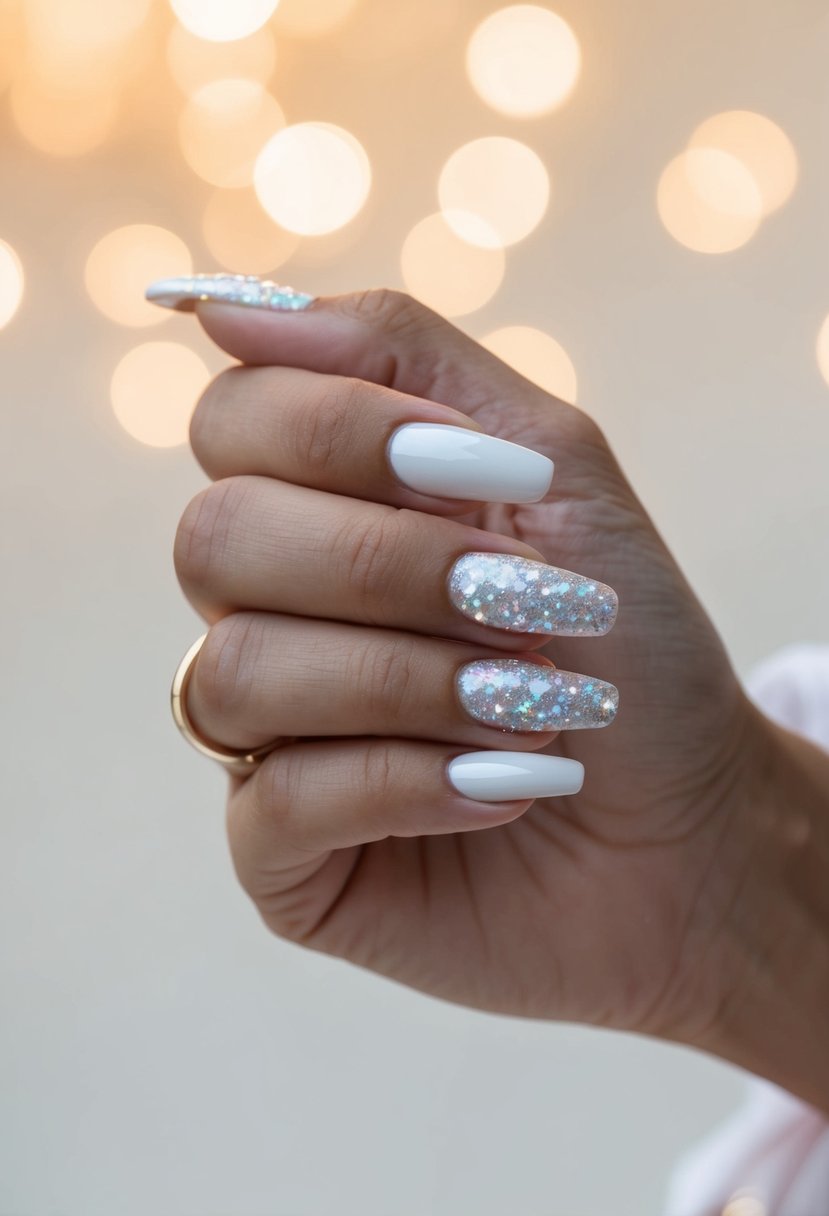 A close-up of a hand with white glitter accent nail against a pale background