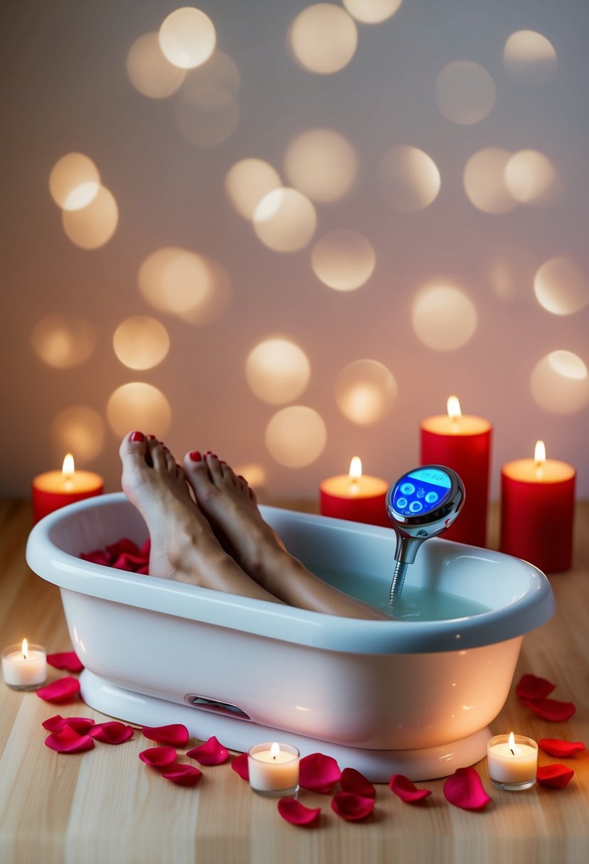 A cozy foot bath tub with a built-in massager surrounded by rose petals and candles