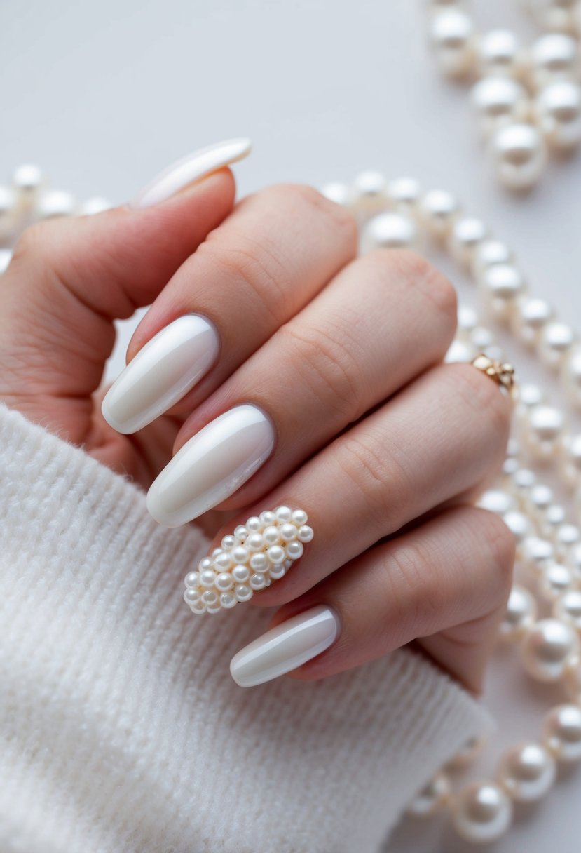 A close-up of pearl-embellished white nails against a soft white background, with delicate pearls and intricate details