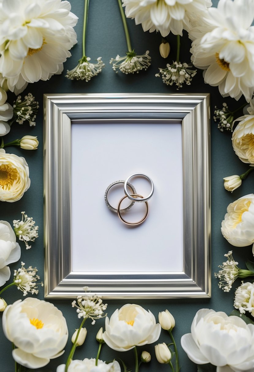 A silver frame surrounded by delicate flowers and two intertwined rings, symbolizing a 25th wedding anniversary celebration