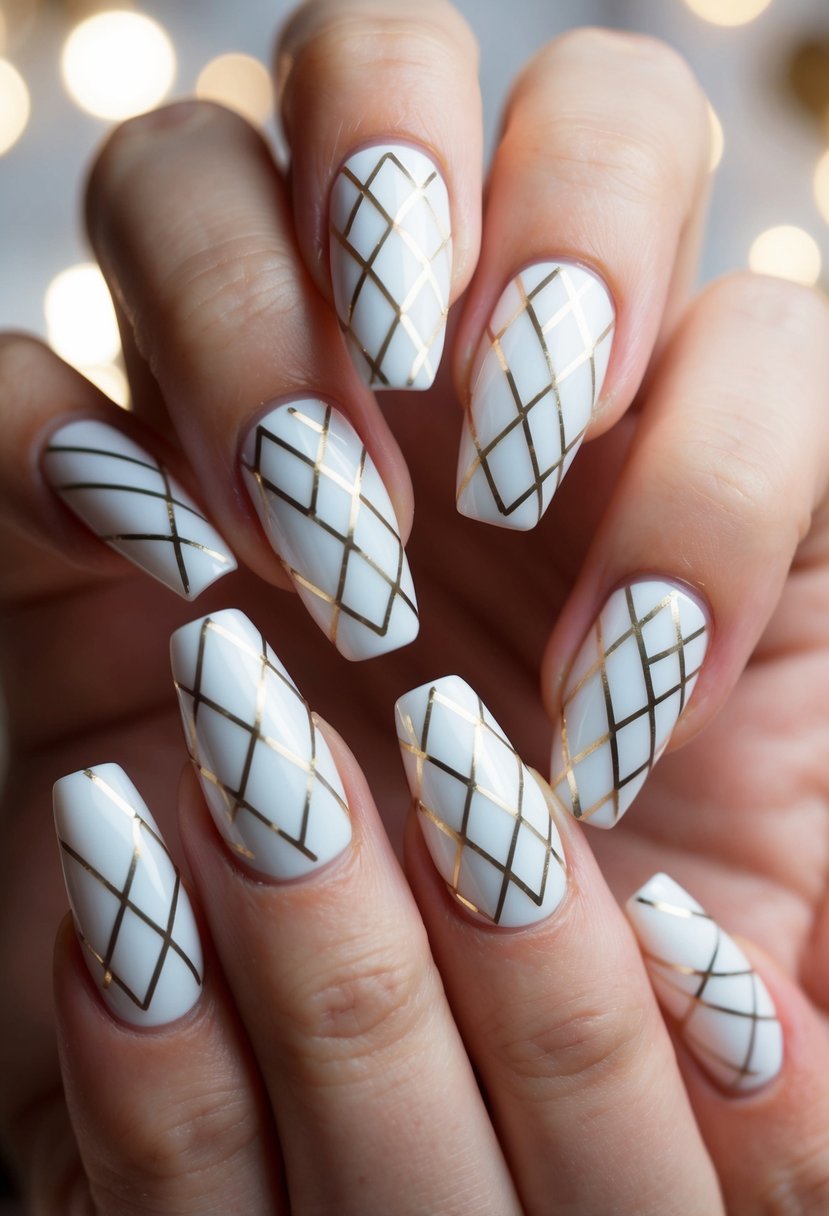 A close-up of white geometric patterns on nails