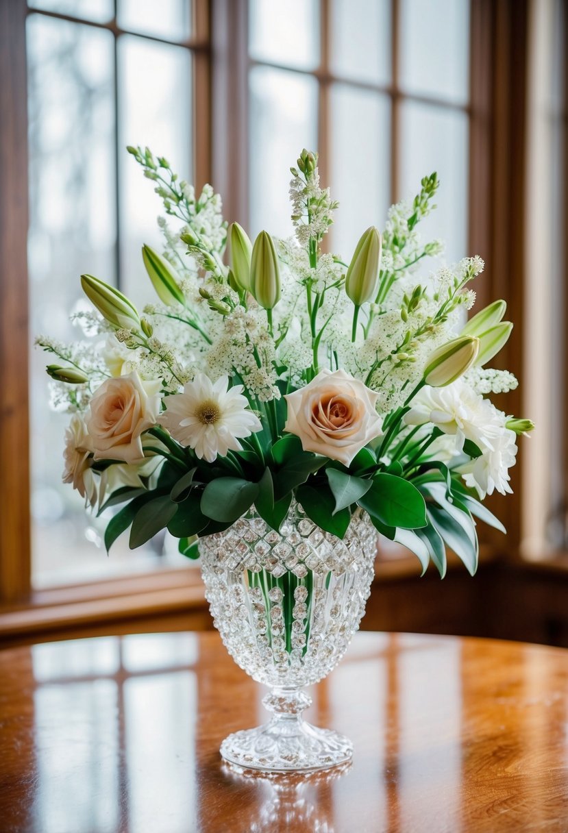 A sparkling crystal bouquet of flowers, arranged in a delicate vase, sits on a polished wooden table