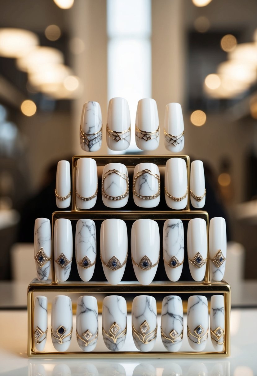 A set of white marble-designed nails on display, with intricate patterns and elegant details