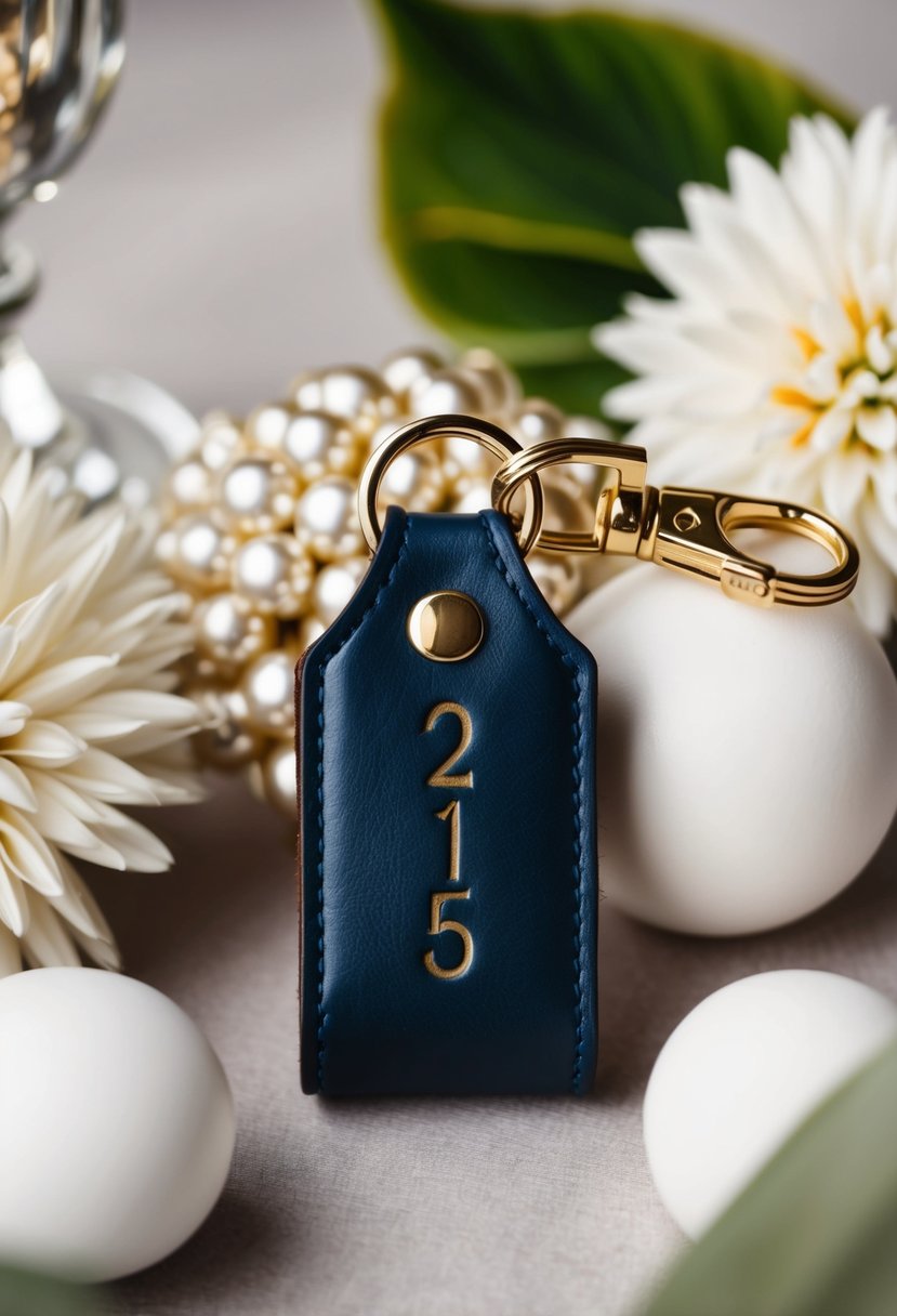 A leather keychain with a date engraved on it, surrounded by elegant anniversary-themed decorations