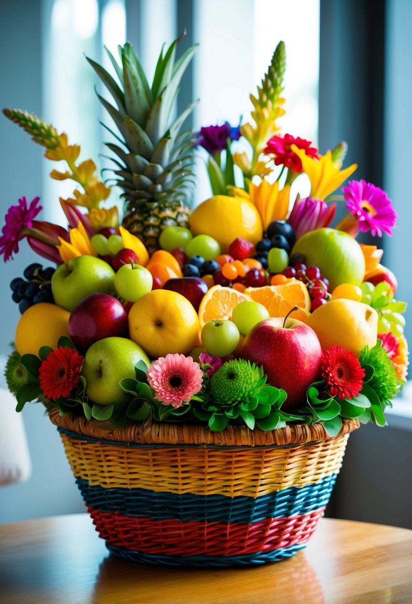 A vibrant basket overflowing with a variety of fresh fruits and colorful flowers, arranged in an elegant and tasteful manner