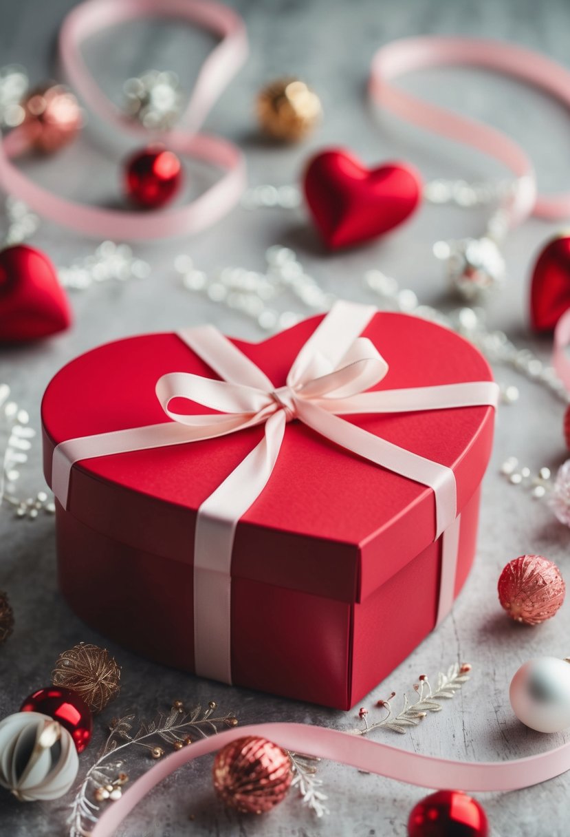 A heart-shaped gift box surrounded by delicate decorations and ribbons