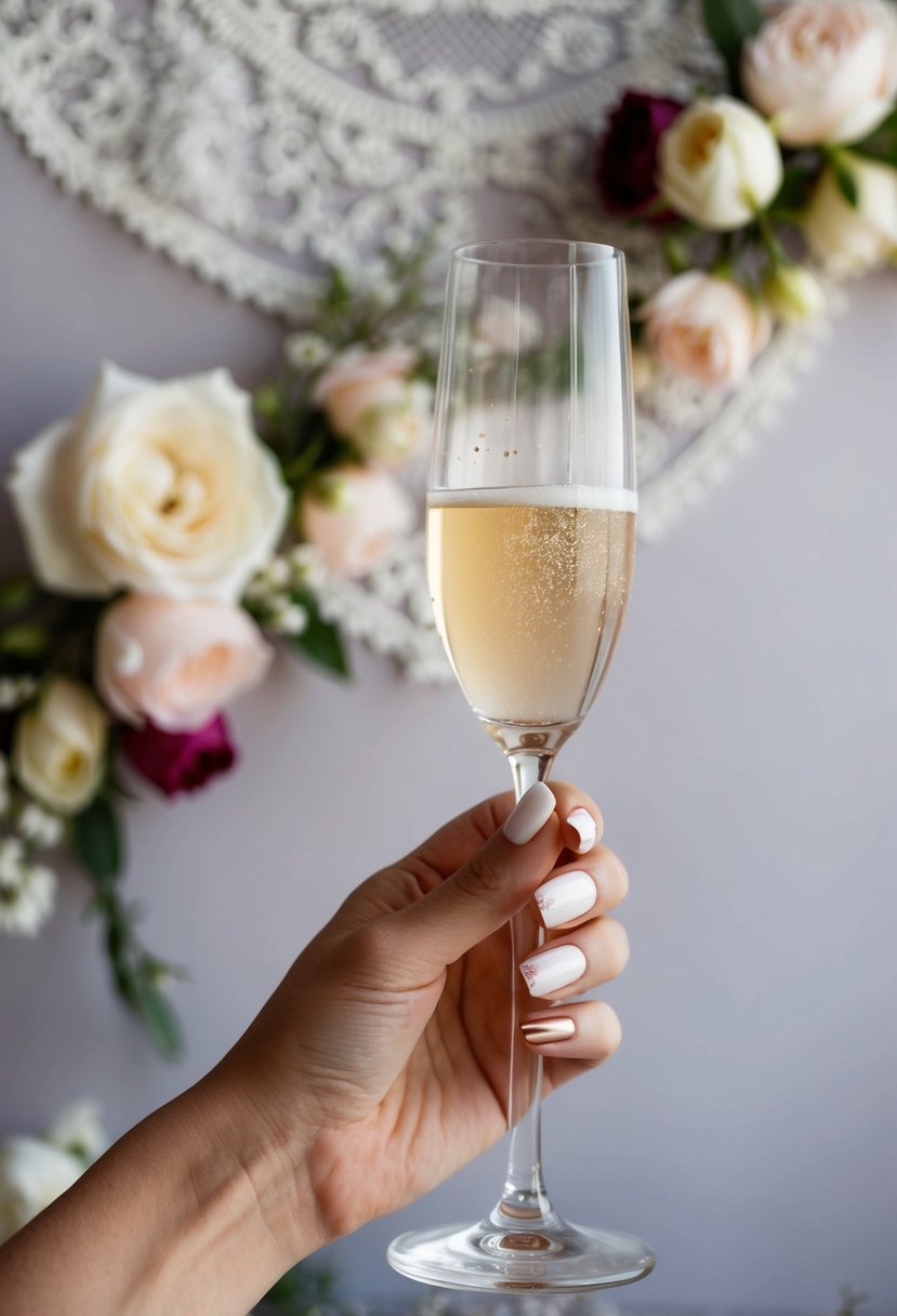 A hand holding a champagne glass with white and rose gold French tip nails against a backdrop of delicate lace and floral decorations