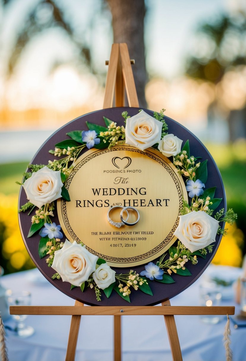 A wedding plaque with intertwined rings, a heart, and floral accents