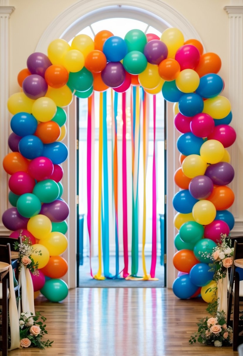 A colorful balloon arch frames the entrance, with cascading ribbons and flowers for a whimsical wedding touch