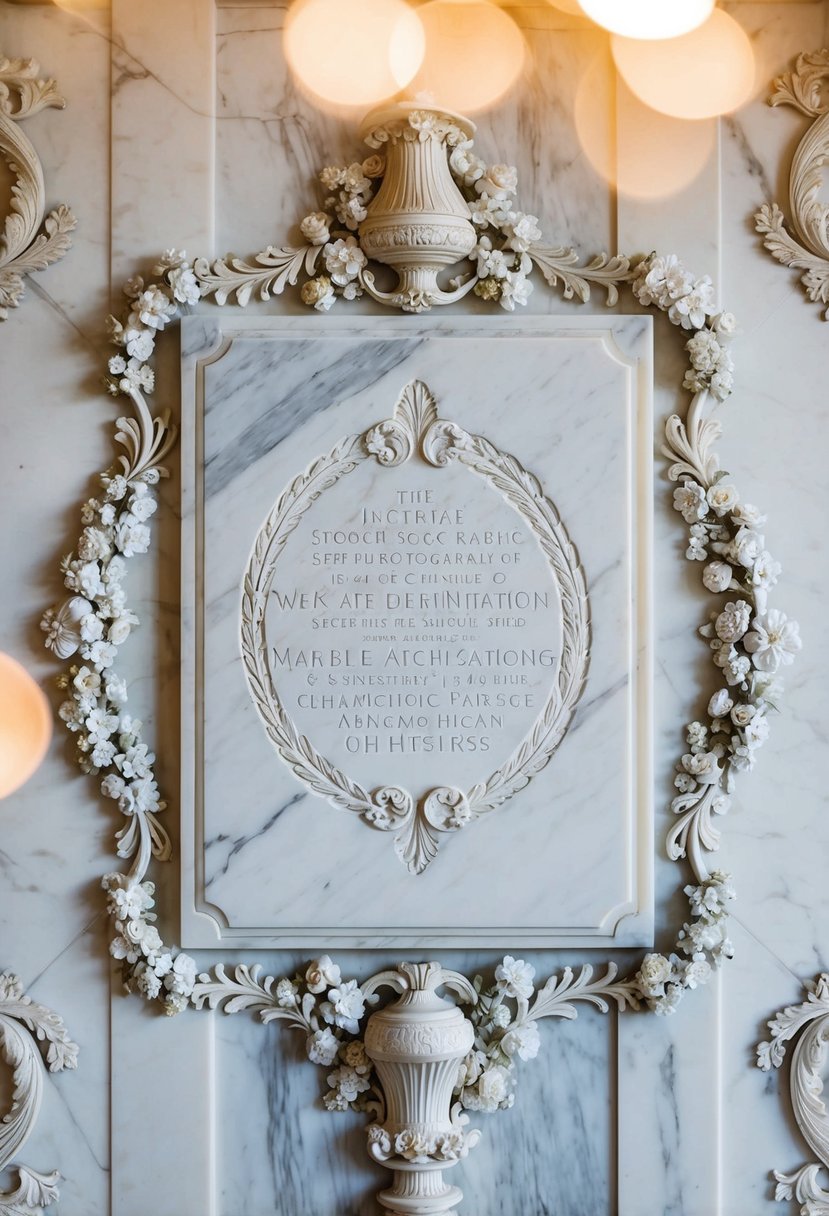 A marble plaque with intricate engraving, surrounded by delicate floral motifs and elegant scrollwork