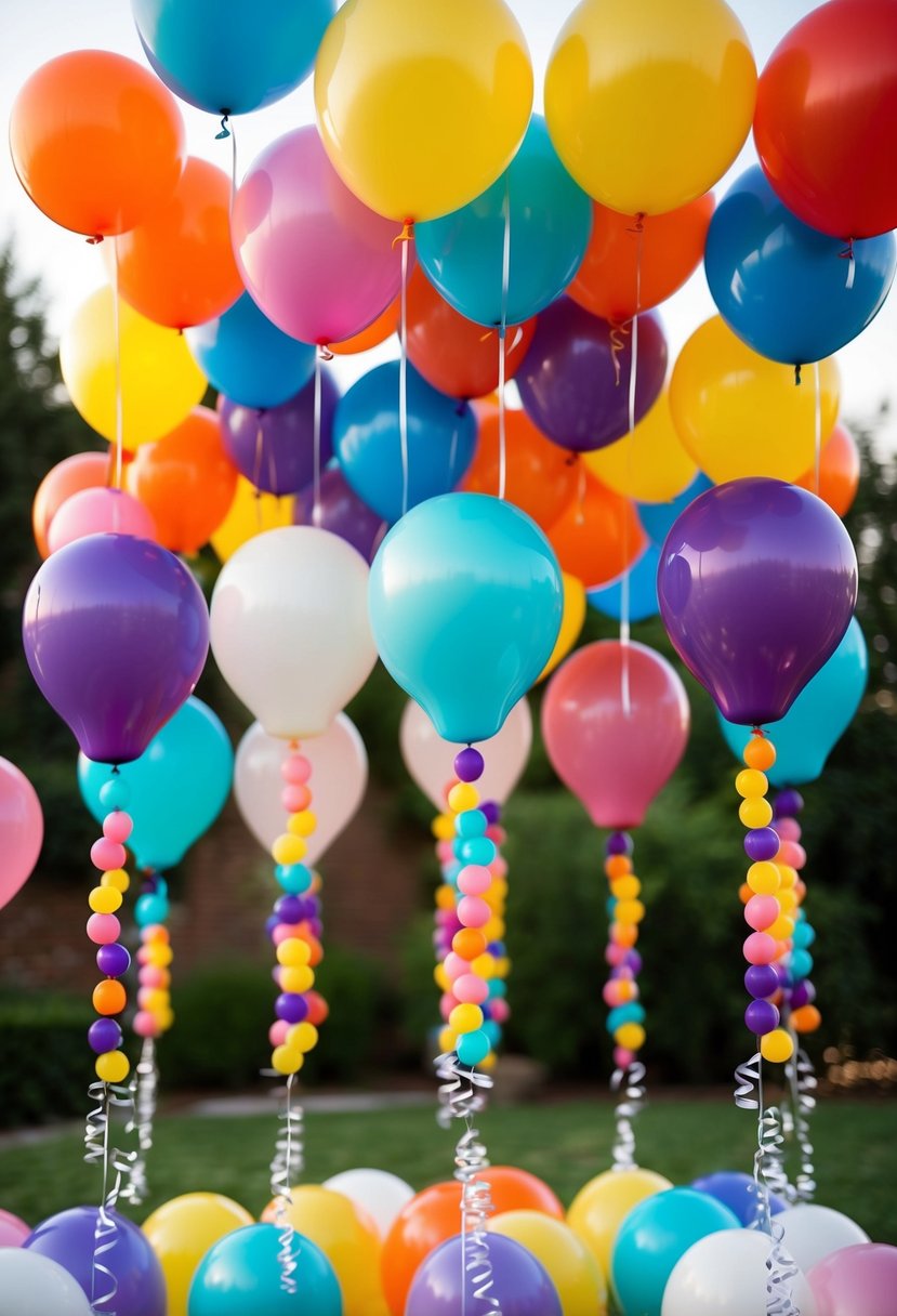 Colorful balloon bouquets float in an arch formation, creating a whimsical and celebratory atmosphere for a wedding