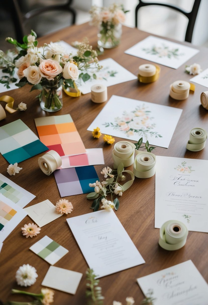 A table scattered with color swatches, floral samples, and ribbon rolls, surrounded by sketches of elegant centerpieces and invitation designs