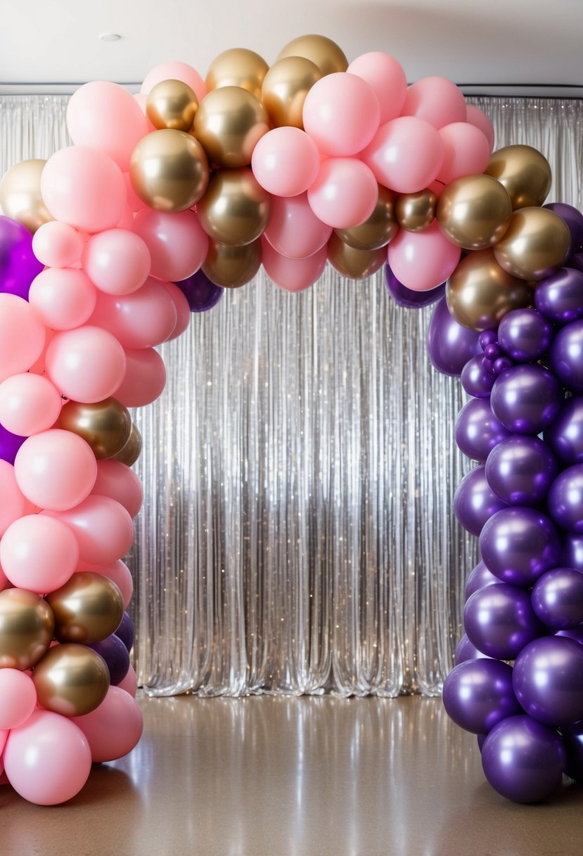 A grand wedding balloon arch with pink, gold, and purple balloons against a shimmering backdrop