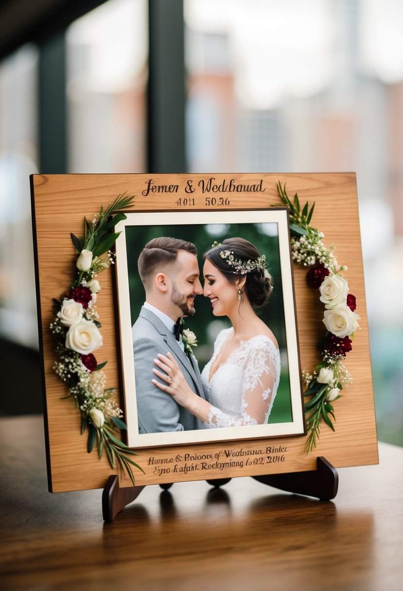 A custom wood photo plaque featuring wedding rings and floral decorations