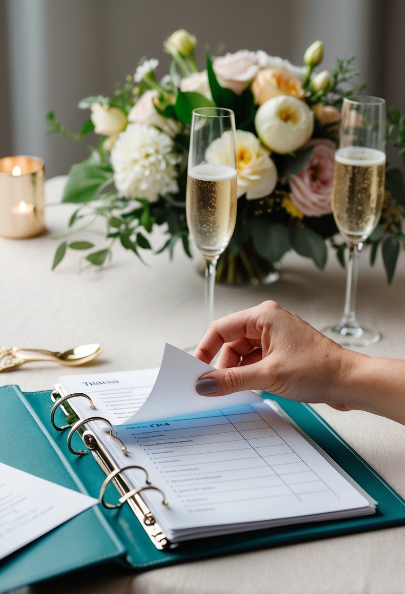 A bride's hand flipping through a timeline in a wedding binder, surrounded by floral decor and a champagne flute