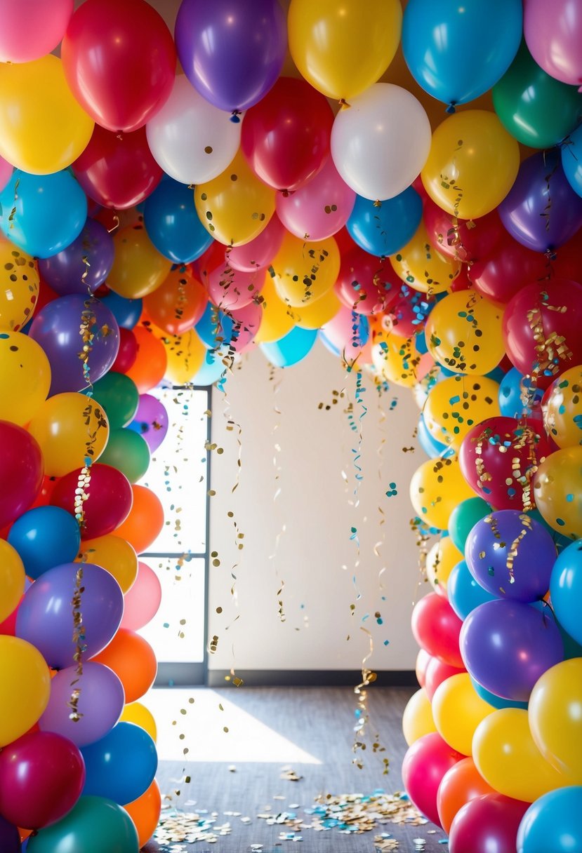 Colorful balloons filled with confetti create a festive archway, perfect for a wedding celebration