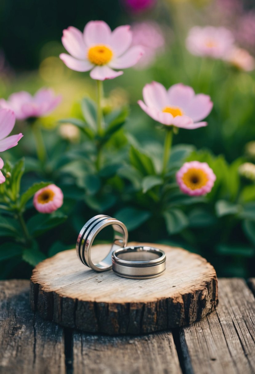 A serene garden with blooming flowers and two intertwined rings resting on a rustic wooden plaque