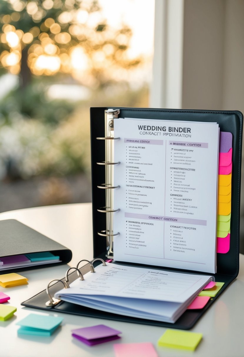 A wedding binder open on a table, with a list of vendor contact information, surrounded by colorful tabs and sticky notes