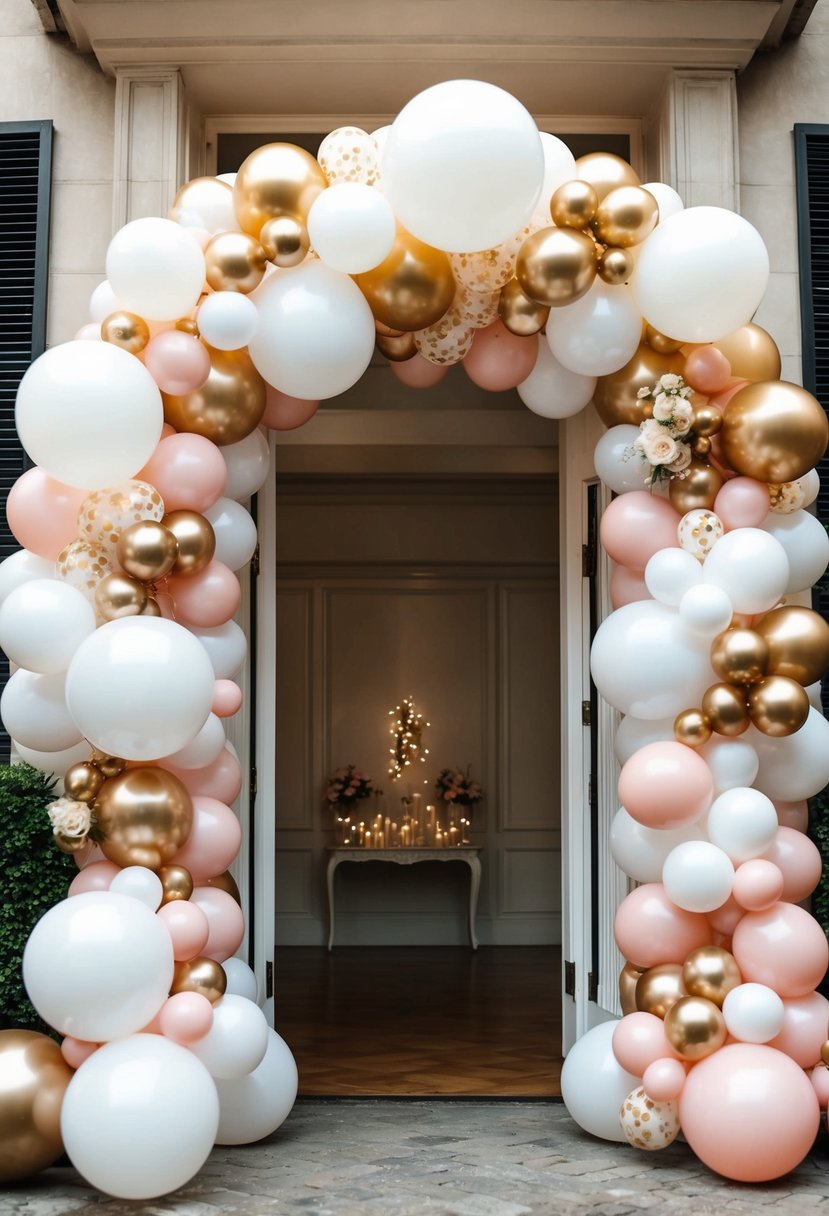 A round balloon arch frames the entrance, adorned with cascading white, gold, and blush balloons for a romantic wedding celebration