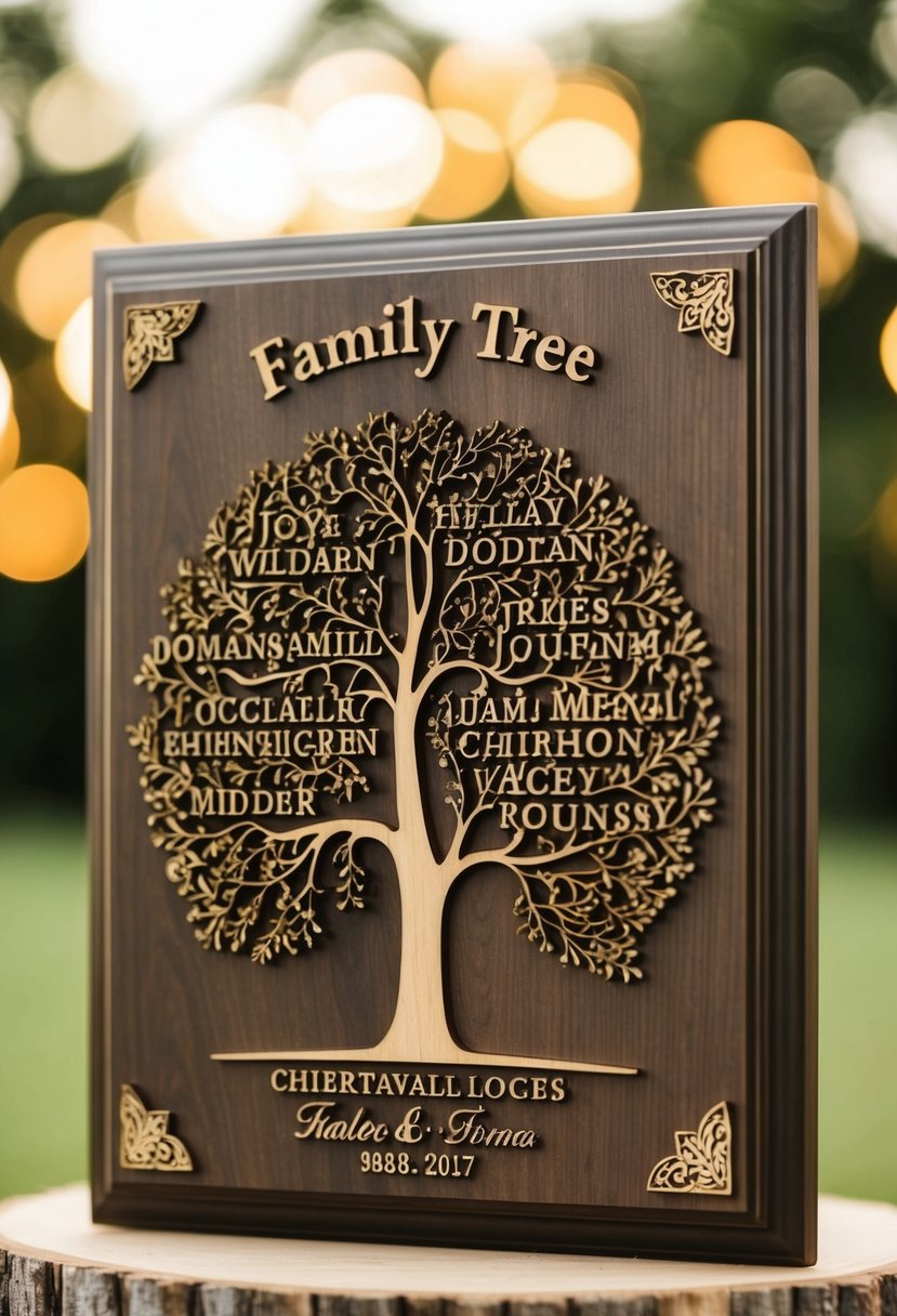 A wooden plaque with a family tree design, featuring engraved names and intricate details