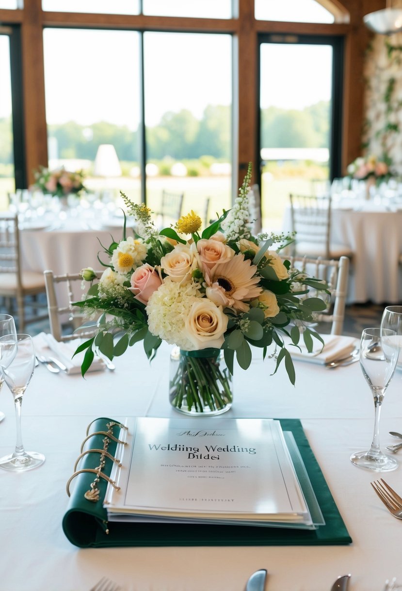 A wedding venue with tables, chairs, and floral decor arranged in a binder for wedding planning