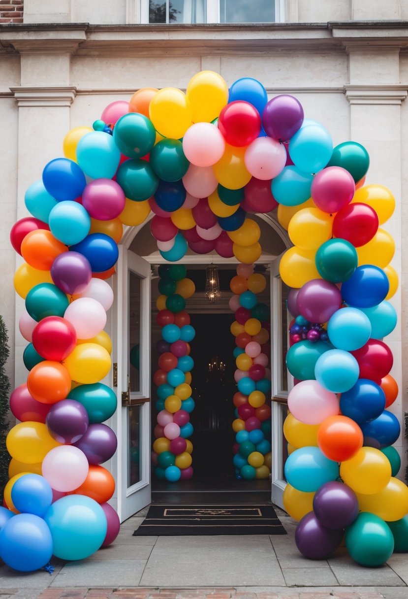 A colorful balloon arch frames the entrance, with cascading balloons in various sizes and shades, creating a festive and celebratory atmosphere