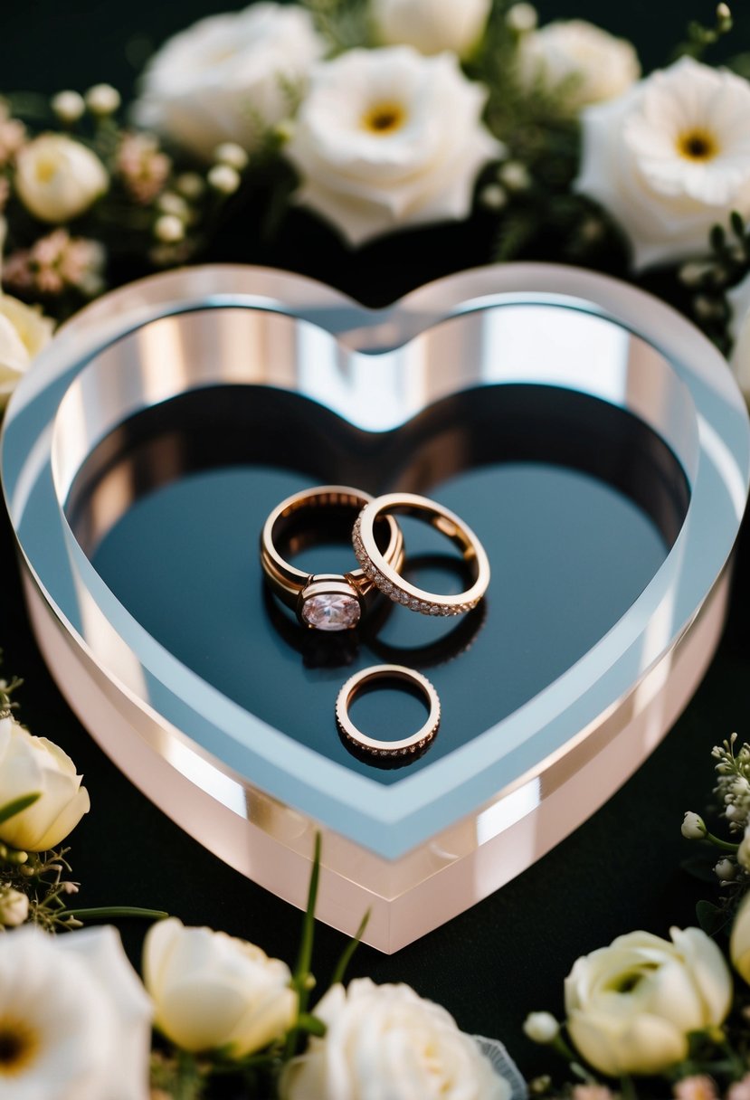 A heart-shaped acrylic plaque surrounded by delicate floral arrangements and wedding rings