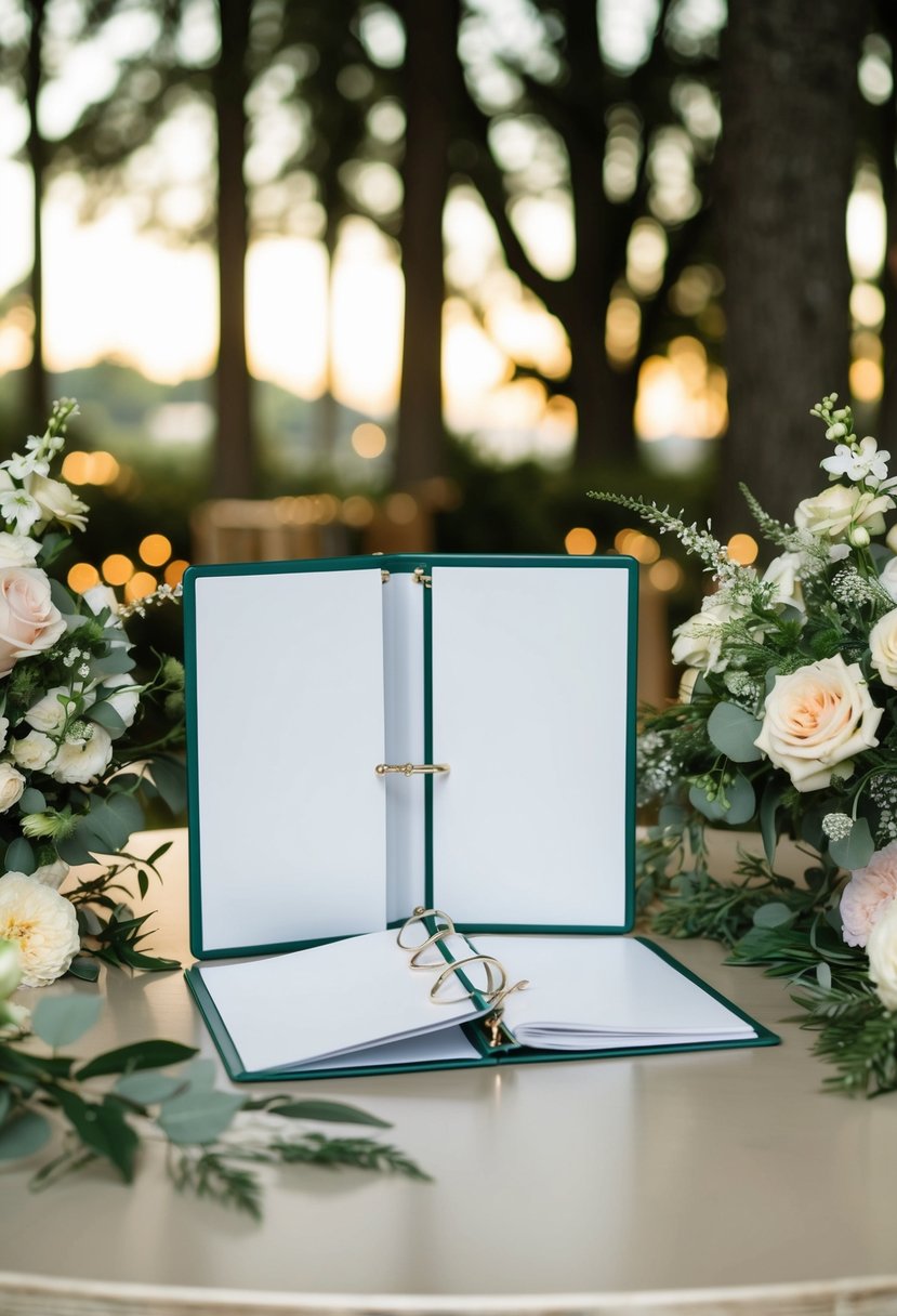 A wedding binder open on a table, surrounded by floral arrangements and decorative elements