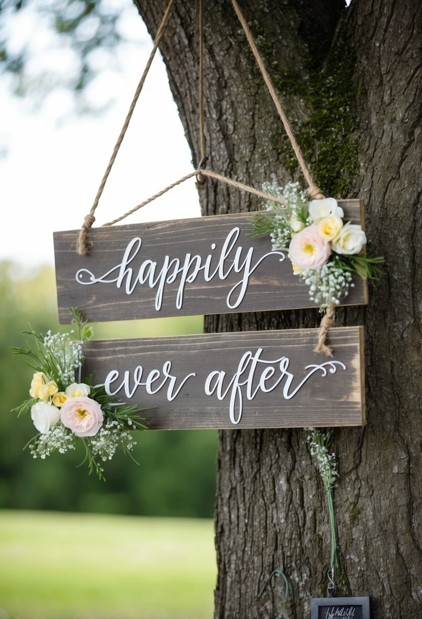 A weathered wooden sign hangs from a tree, adorned with delicate flowers and showcasing the words "Happily Ever After" in elegant calligraphy