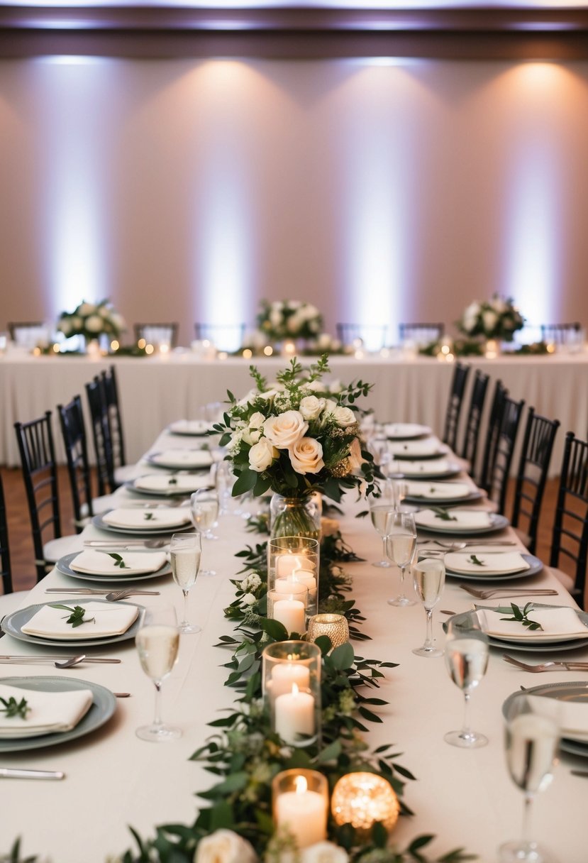 A wedding reception seating arrangement with elegant place settings and floral centerpieces on a long banquet table