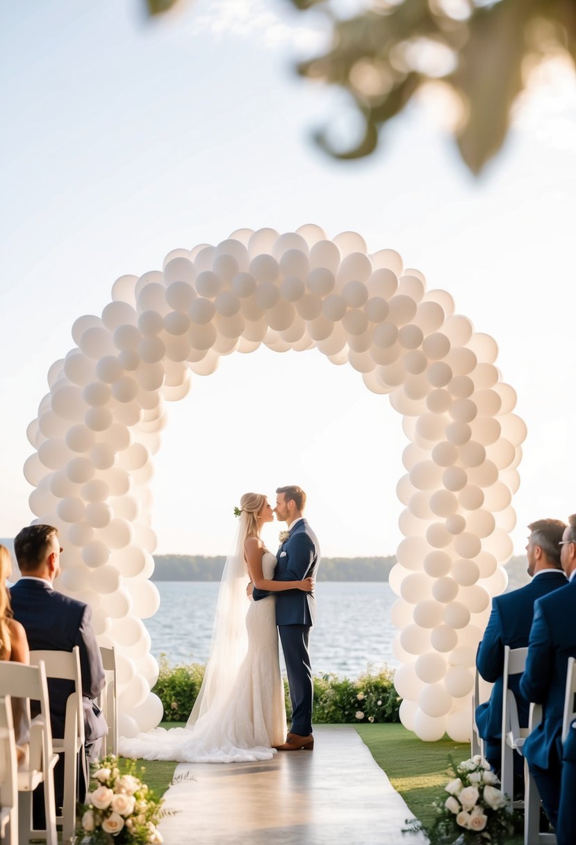 A wedding arch made of white feather-filled balloons floats gracefully above the ceremony, creating a dreamy and romantic atmosphere