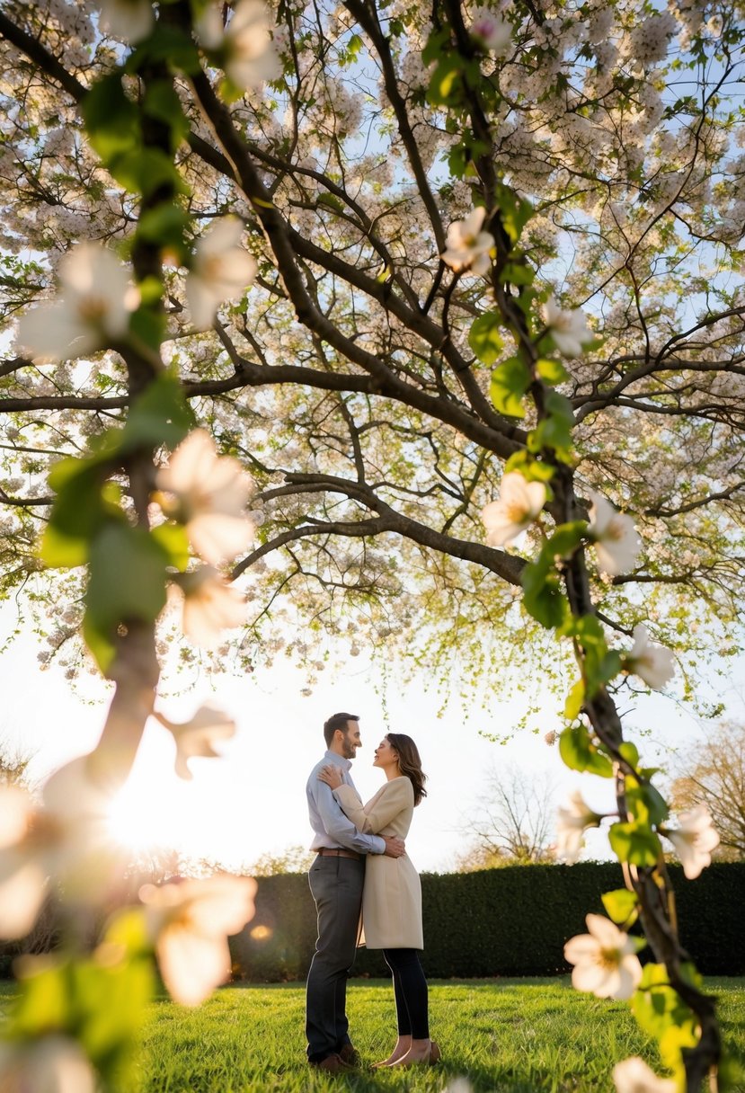 A couple standing beneath a blooming tree, surrounded by swirling vines and delicate flowers, with a soft, warm light shining down on them