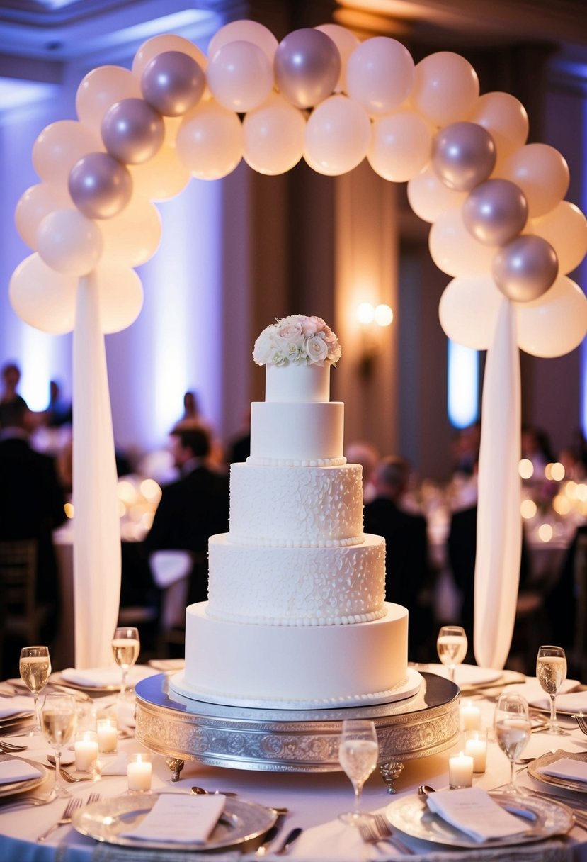 A grand wedding cake table centerpiece with a balloon arch overhead