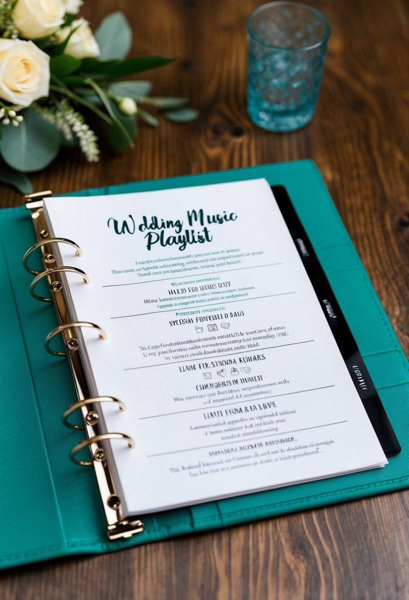 A wedding binder open to a page with a music playlist, featuring special songs