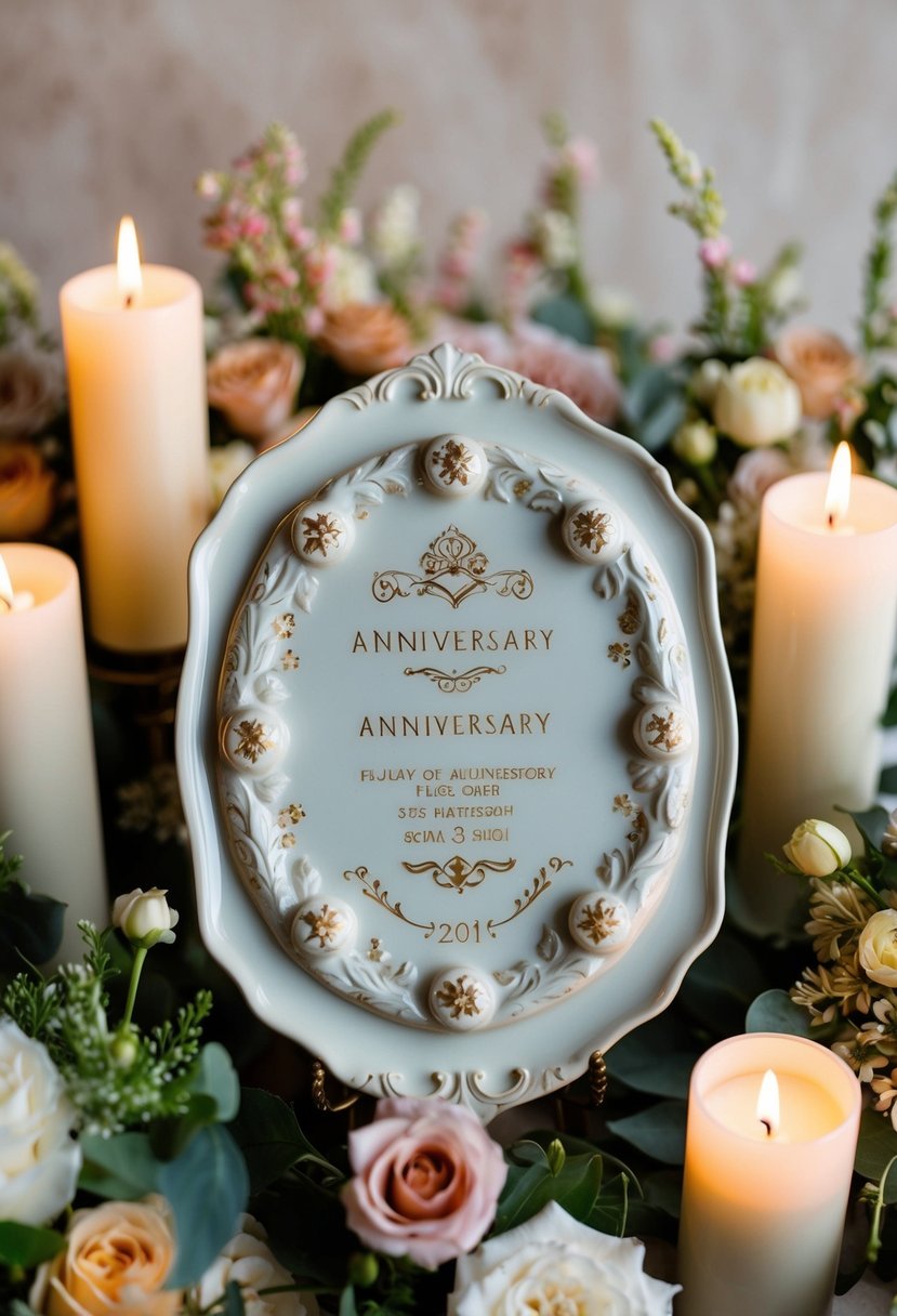 A delicate ceramic plaque adorned with intricate anniversary motifs, surrounded by elegant floral arrangements and soft candlelight