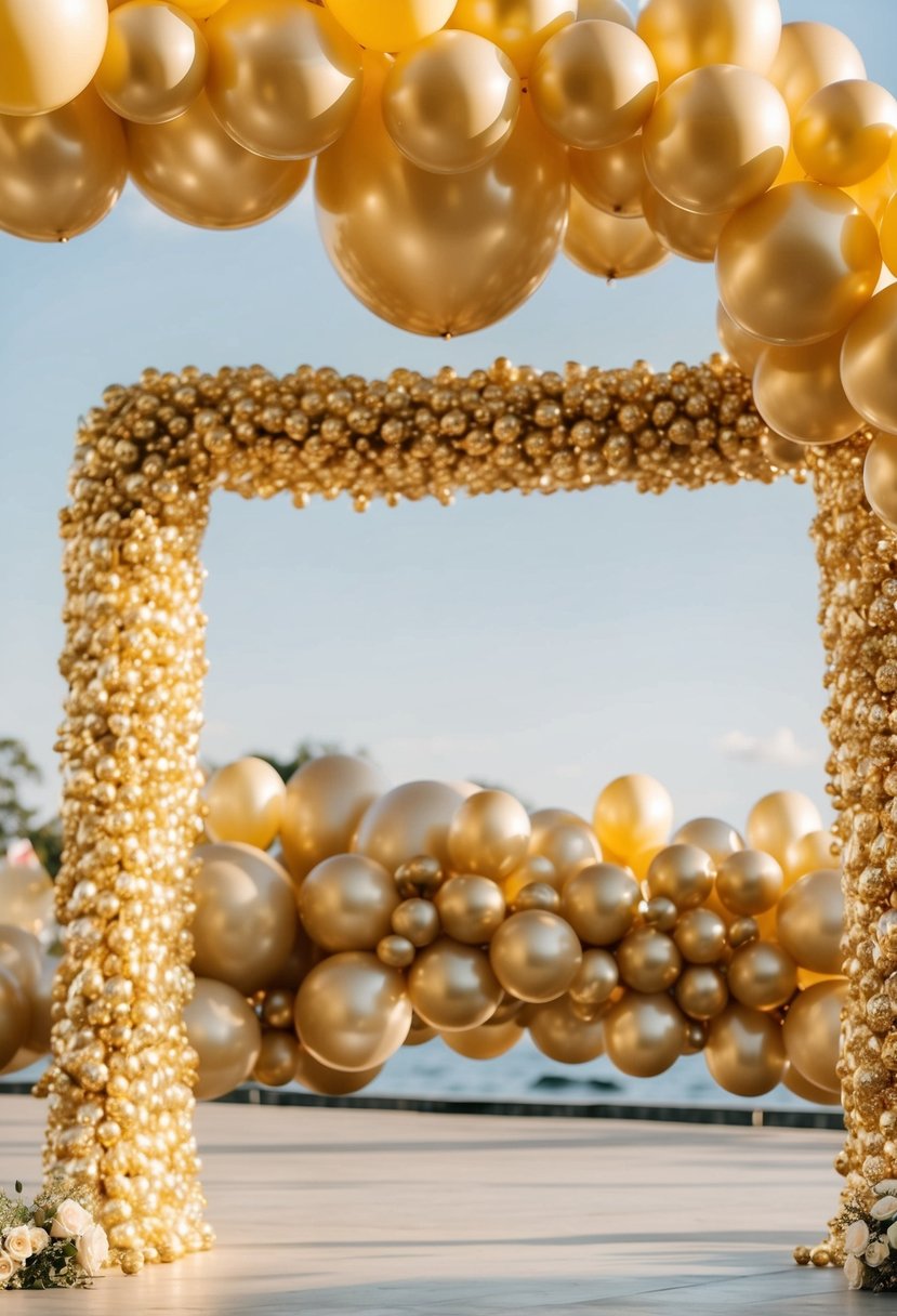 A golden balloon arch frames a wedding backdrop