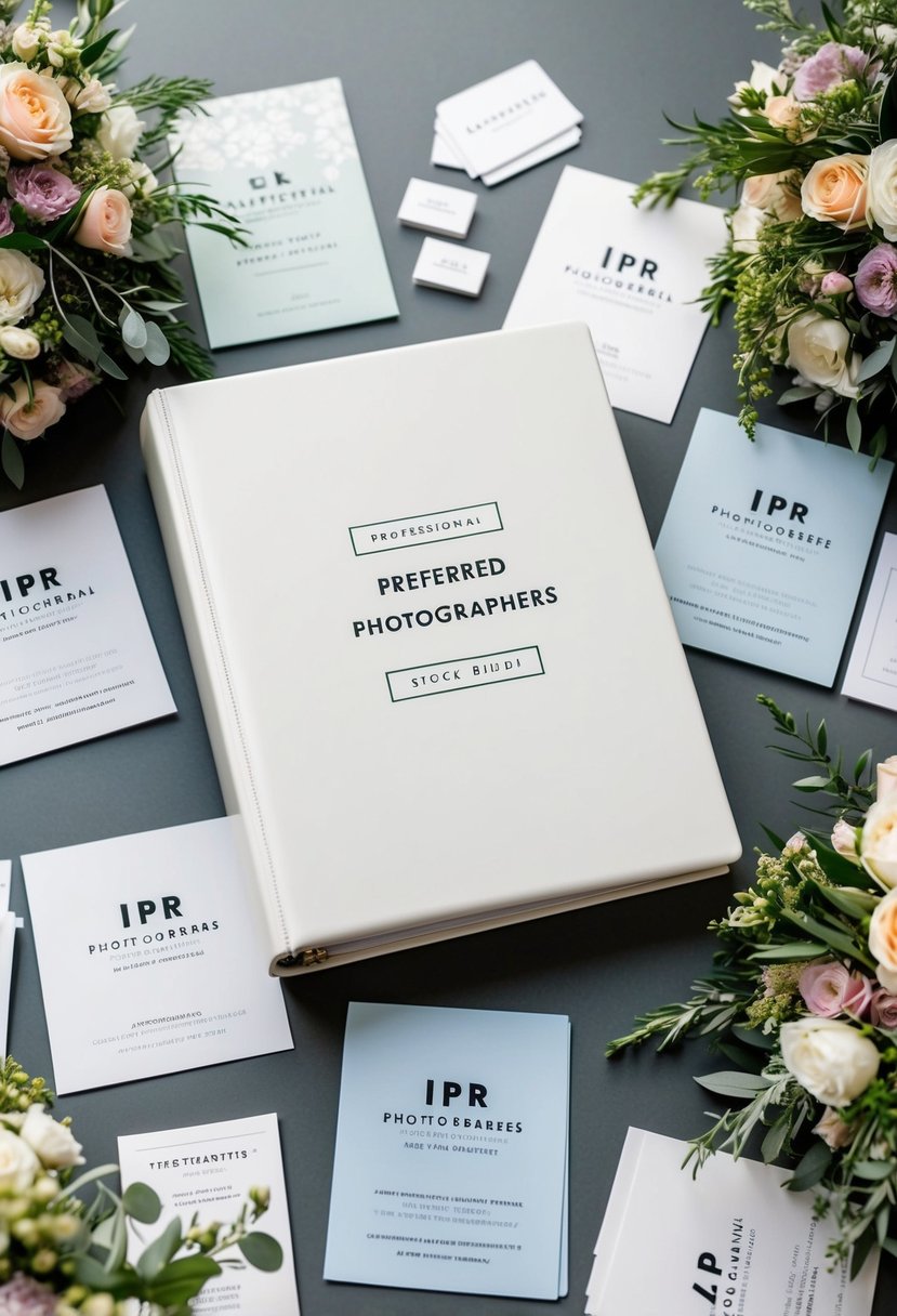 A wedding binder surrounded by a collection of preferred photographers' business cards, floral arrangements, and venue brochures